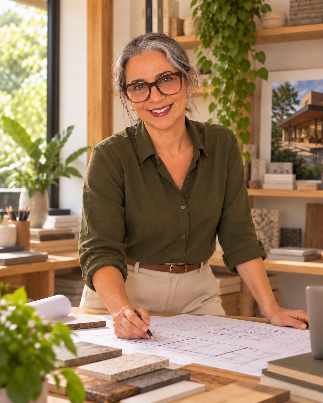 Patrícia Silveira sorrindo sobre plantas e amostras de materiais